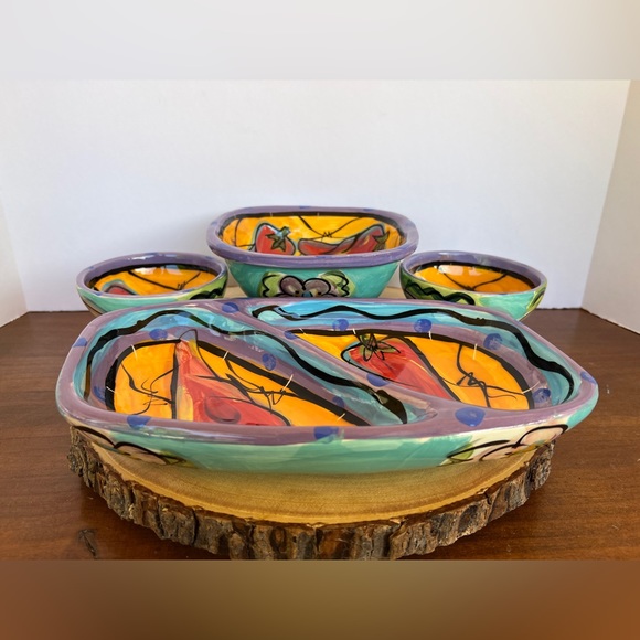 Kelly Jo Kuchar 4 PC Chip & Dip Set. Handpainted Handmade in Mexico. Signed. - Picture 13 of 16